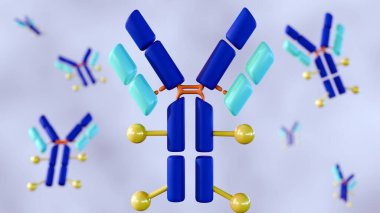 A 3d rendered multiple Y-shaped antibody molecules, foating around in the background, illustrating antibody-drug conjugates (ADCs).