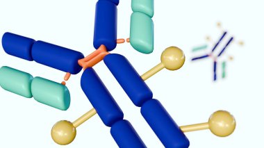 A 3d rendered multiple Y-shaped antibody molecules, foating around in the background, illustrating antibody-drug conjugates (ADCs).
