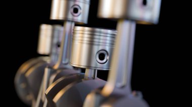 Pistonların 3 boyutlu bir çizimi, çubukları ve krank milini bağlayan, hassas bir makine mühendisliği duygusu taşıyan ve içten yanmalı motorun çekirdek bileşenleri.