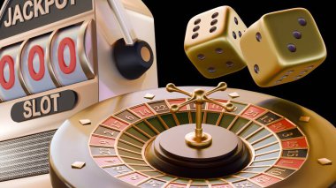 Kumarhanenin çeşitli kumar unsurlarının üç boyutlu bir çizimi. Altın kumar makinesi, 