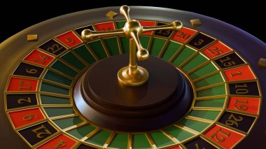  Üç boyutlu bir görüntü, hem kırmızı hem de siyah kısımlarda göze çarpan, hem de yeşil sıfır slot makinelerinin yer aldığı koyu tonlu bir kumarhane ruleti tekerini gösteriyor..