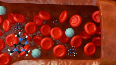 Kafein moleküllerinin kırmızı ve beyaz kan hücreleriyle çevrili bir kan damarı içinde etkileşiminin 3 boyutlu bir çizimi..