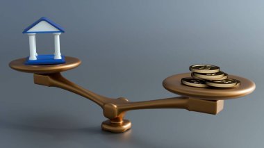 Üç boyutlu bir illüstrasyon, hükümetin mali dengesini ve büyük miktarda vergi parasını simgeliyor