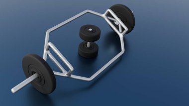 Hex tuzağı çubuğu ve küçük siyah dambılın 3 boyutlu çizimi, sağlıklı bir yaşam tarzı izlenimi veriyor.