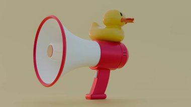 Etrafında yüzen megafonla gezen sarı plastik ördeğin 3 boyutlu bir çizimi eğlence ve eğlence aktivitesi öneriyor.