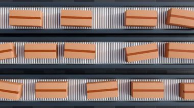 Bir üç boyutlu animasyon, lojistik ve tedarik zinciri kavramlarını gösteren bir taşıyıcı bant taşıma kutularını gösterir: verimlilik, süreklilik ve endüstriyel otomasyon.