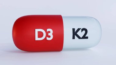 D3 ve K2 vitaminleri içeren 3 boyutlu bir ek kapsül grubu. Her kapsül açıkça D3 ve K2 olarak etiketlenmiş.