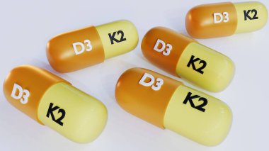 D3 ve K2 vitaminleri içeren 3 boyutlu bir ek kapsül grubu. Her kapsül açıkça D3 ve K2 olarak etiketlenmiş.