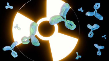Radyoaktif bir maddeye bağlı antikorların 3 boyutlu moleküler çizimi. Bu, hedef terapi veya görüntüleme için kullanılan bir radyoimmün eşleniği temsil eder..