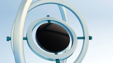 Bir jiroskobun stilize edilmiş bir tasviri ya da modern, muhtemelen gelecekten gelen, 3D tarzında hazırlanmış, iç içe geçmiş bir telsiz mekanizması..