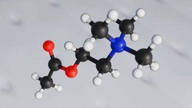 Katlanmış keten, yatak ya da yastığa benzeyen bulanık arkaplan üzerine kurulmuş asetilkolin molekülünün yakın çekim 3D top ve sopa modeli..