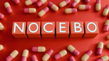 Beyaz bloklara vurgulanan ve tıbbi ya da psikolojik bir bağlam öneren, merkez kelime 