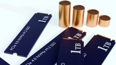 1 TB PCIe 4.0 NVME M.2 SSD 'nin 3 boyutlu görüntüsü altın sikkeler üzerinde dinleniyor. Hafıza ürün fiyatları şu anda önemli artışlar yaşıyor.