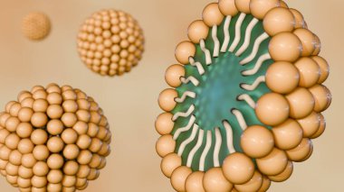 Amphifilik moleküllerin oluşturduğu küresel bir yapı olan micelle 'in üç boyutlu görüntüsü. Bu moleküllerin bir sıvının içine konulduğunda nasıl organize olduklarını gösteriyor.