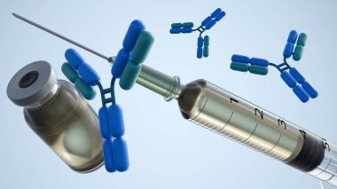 Antikor moleküllerinin, tıbbi şırıngaların ve şişelerin üç boyutlu bir canlandırması önleyici tıp öyküsünü aktarır. Aşı ve bağışıklık tepkisi kavramı.