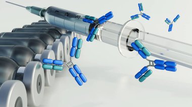 Antikor moleküllerinin, tıbbi şırıngaların ve şişelerin üç boyutlu bir canlandırması önleyici tıp öyküsünü aktarır. Aşı ve bağışıklık tepkisi kavramı.