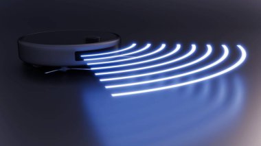 Klasik robotik elektrikli süpürge ve eş merkezli halkalar. LiDAR (Işık Algılama ve Aralığı) ya da ultrasonik sensörler için görsel bir kısaltma.