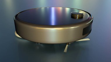 Parlak, kömür grisi bir robotik vakumun 3 boyutlu görüntüsü. Beyaz yan fırçaları ve üst sensör tareti olan disk şeklinde bir vücut. Yüksek teknolojili otonom akıllı ev aletleri beyaz arka planda izole edilmiş.