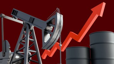 3 boyutlu yağ pompası valesi ya da baş sallayan eşek, yağ varilleri ve yukarı doğru yükselen kırmızı ok. Artan petrol fiyatları ve enerji piyasası eğilimlerinin görselleştirilmesi.