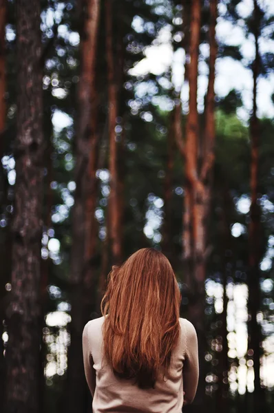 Вид сзади. Ретро тонизированный портрет молодой девушки в летнем поле — стоковое фото