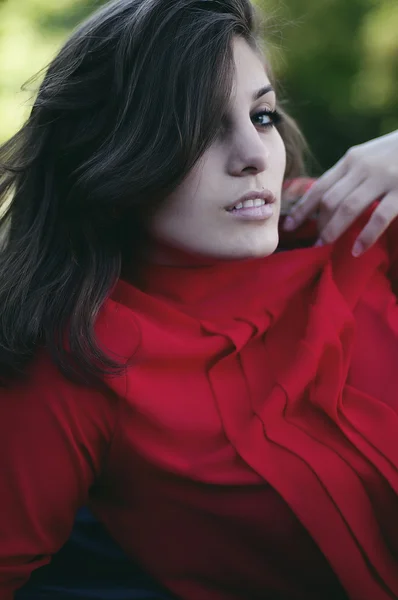 Portret van prachtige mooie jonge meisje in een rode blouse. Beau — Stockfoto