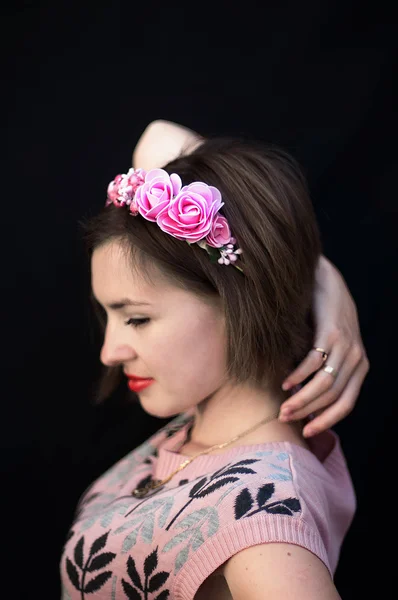 Wreath on girl head. Young beautiful woman portrait with long ha — Stockfoto