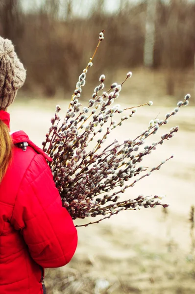 Kocaman bir kucak dolusu willow h ile kırmızı ceketli kadın portre — Stok fotoğraf