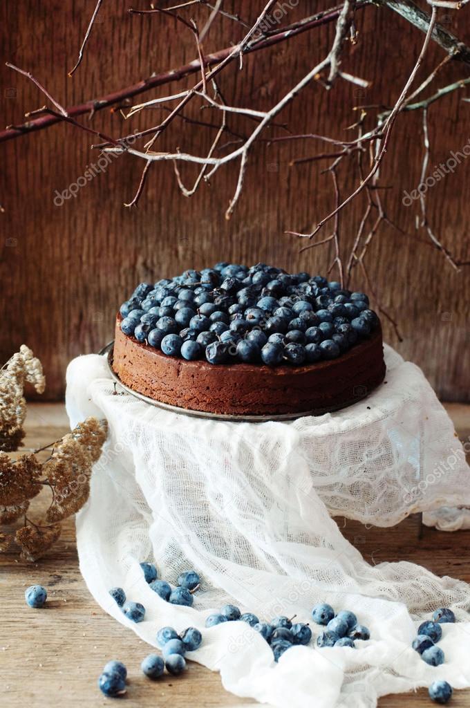 Chocolate cake with icing, blueberries. Chocolate cake with choc
