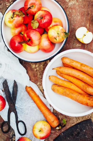 Apples, carrots, beet, cabbage, grapefruit, lemon sliced above r — Stock Image Apples, carrots, beet, cabbage, grapefruit, lemon sliced above r Stock Photo