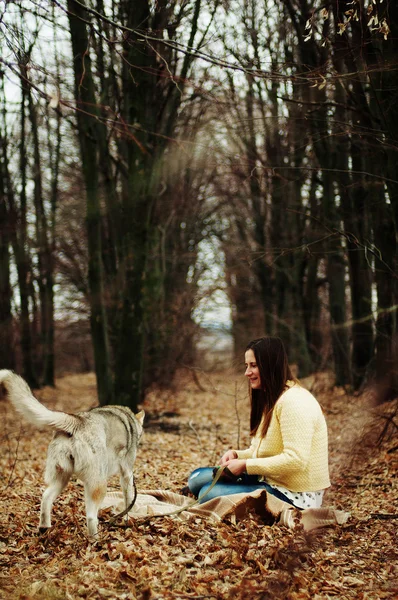 Девушка в парке с собакой Хаски. Девушка с... — стоковое фото