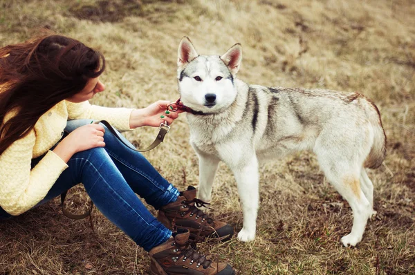 Dívka v parku svůj domov s pes Husky. Dívka s — Stock fotografie