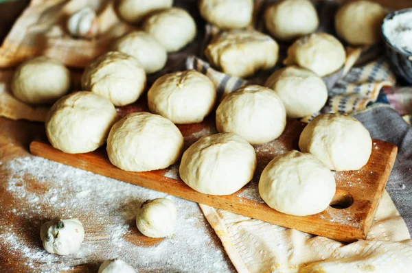 Preparing buns bread. Rustic style. Ingredients for homemade br — Stock Photo, Image