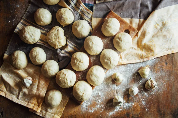 Preparing buns bread. Rustic style. Ingredients for homemade br — Stock Photo, Image