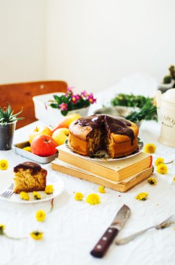 Geleneksel ev yapımı çikolatalı kek. Rustik tarzı ve doğal li