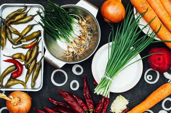 Lök, rödbetor, paprika, vitlök, morot, kål redo att förbereda sa — Stockfoto