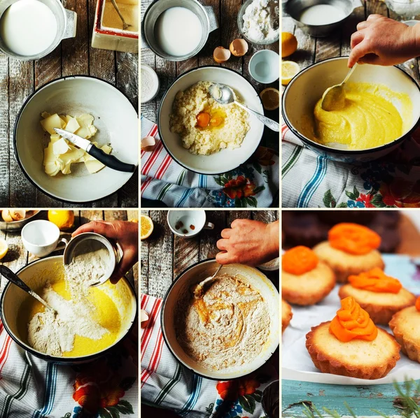 Passos de fazer bolo de areia de cozinha com recheio de cereja: mistura — Fotografia de Stock