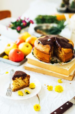 Geleneksel ev yapımı çikolatalı kek. Rustik tarzı ve doğal li