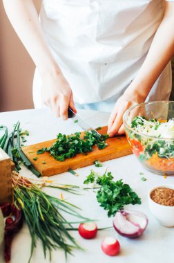 Mutfak kadın sebze salatası için keser. Diyet ve detoks dr