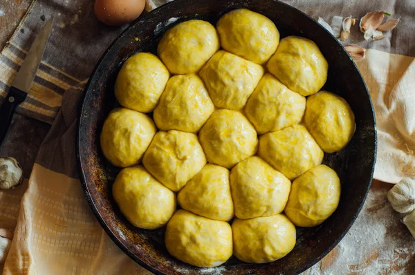 Preparing buns bread. Rustic style. Ingredients for homemade br — Stock Photo, Image