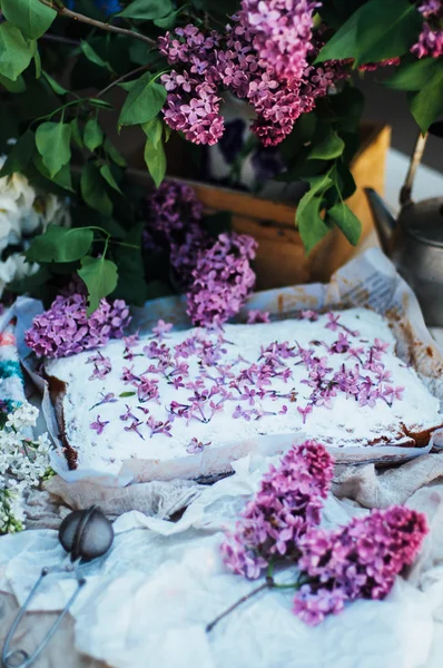 Pastel casero de vainilla fresca deliciosa con manzanas espolvoreadas con — Foto de Stock