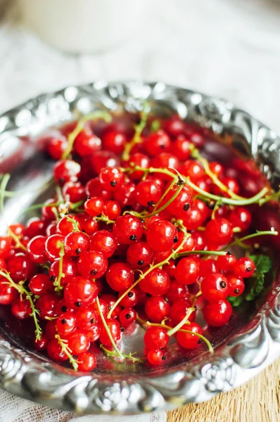 Groseille fraîche sur table en bois, seau avec groseille berri — Photo