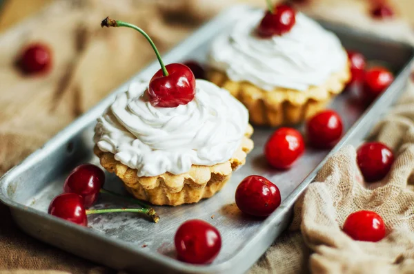 Vackra choklad cupcakes med vit protein grädde och körsbär — Stockfoto