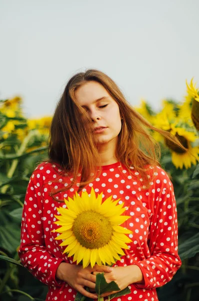 Sensueel portret van een meisje in een zonnebloem veld. Portret van de vrouw in zonnebloem veld. — Stockfoto