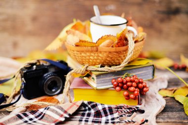 Sıcak örme eşarp ve ahşap bir tepsi üzerinde bir kitap. Barışçıl Sonbahar Fr