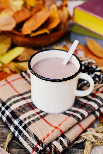 Varm stickad halsduk och en bok på en träbricka. Fredlig höst fr — Stockfoto