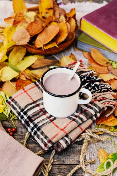 Varm stickad halsduk och en bok på en träbricka. Fredlig höst fr — Stockfoto