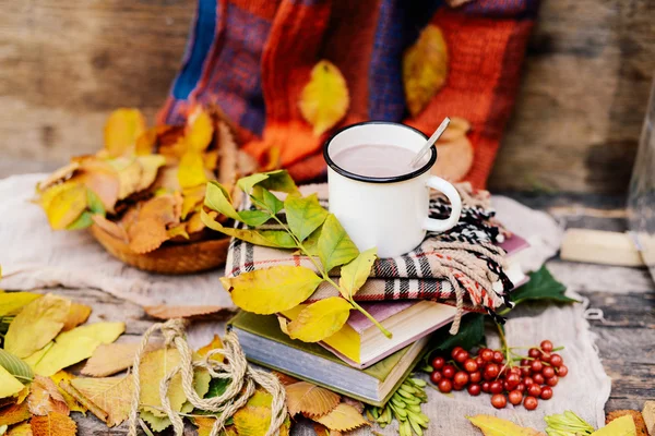 Sciarpa a maglia calda e un libro su un vassoio di legno. Autunno pacifico Fr — Foto Stock