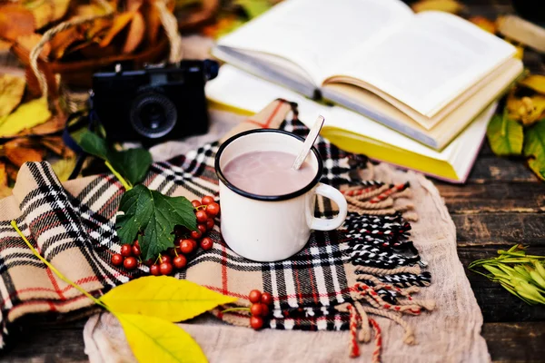 Lenço de malha quente e um livro em uma bandeja de madeira. Queda pacífica Fr — Fotografia de Stock