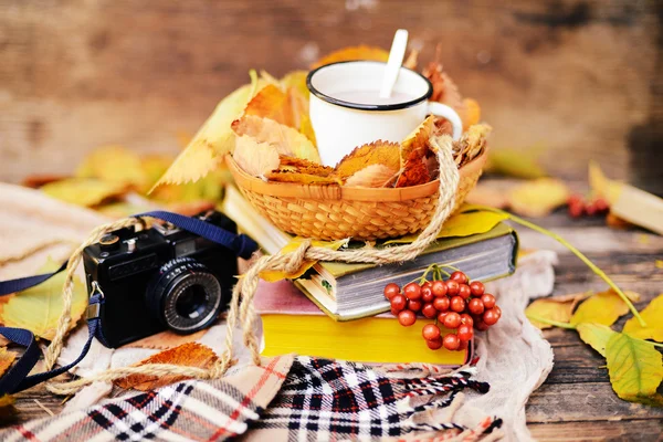 Sıcak örme eşarp ve ahşap bir tepsi üzerinde bir kitap. Barışçıl Sonbahar Fr — Stok fotoğraf