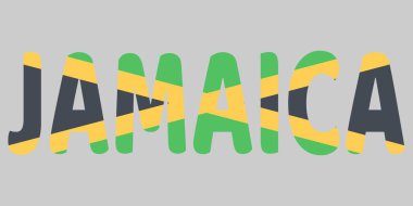 Cesur tipografi JAMAICA sözcüğünü gösterir. Mektuplarda sarı haçlı, siyah üçgenli, yeşil üçgenli ulusal bayrak deseni yer alıyor. Bu grafik Jamaika kimliğini, kültürünü, mirasını temsil ediyor. Seyahat ve turizm temalarında işe yarıyor. Metin